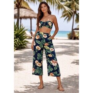 Miss Avenue Tropical 2pc Set Small Crop Wide Leg Pants Tube Top NEW
